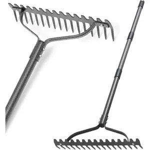 Bow Rake, 63" Long Handle Lawn Leveling Rake with 17 Tines, Tool with for Looseing Soil, Weede