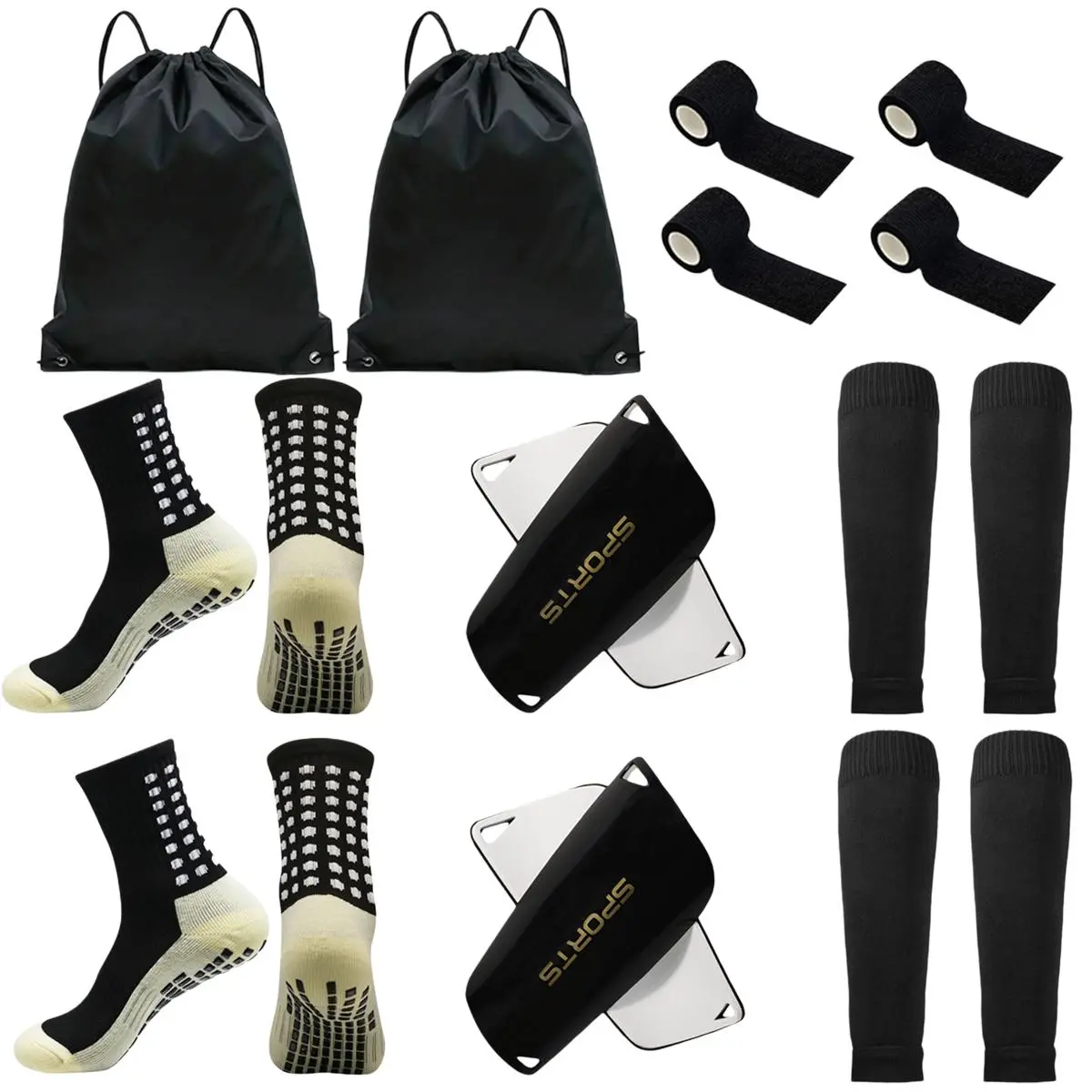 LOUHEVE 10-Piece Soccer Shin Guards Kit with Anti-Slip Socks, Calf Sleeves, Tape and Bag for Adults