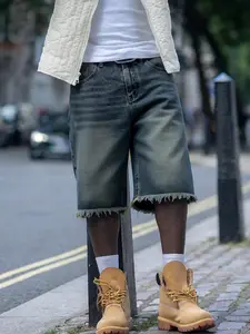 Men's Loose-Fit Denim Jean Shorts, Plain, Menswear, Retro Vintage Stone Washed Blue, Y2K Streetwear Style Aesthetics, Summer Casual Wear, Suitable for Daily Wear, Outdoors, and Parties, Ideal Gift for Husbands and Boyfriends
