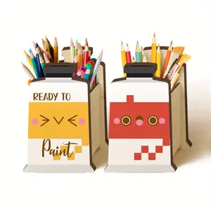 2Pcs Pencil Holder Wooden Pencil Dispenser, Paint Bottle Shape, Cute Pattern Pen Holders, Dispenser Storage Organizer for Classroom Office Desk, Wooden Storage Box, Desk Decor Gift for Colleagues and Family