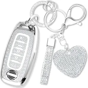 Compatible with Nissan Key Fob Cover with Heart Keychain, Car Key Shell for Women, Compatible with Nissan Rogue Pathfinder (2023 2024 2025) Sentra (2024 2025) Key Protector (5 Buttons-Silver)