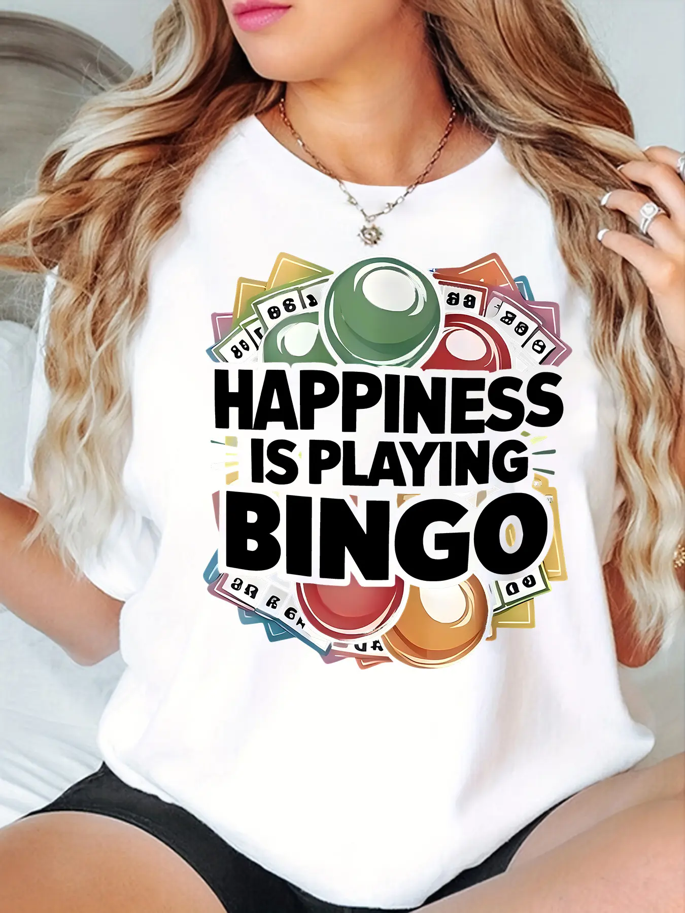 Women's T-shirt Bingo Ball Fans Bingo Ball Print Spring and Summer Fashion Casual Short Sleeve T-shirt White Women T-shirt, Suitable for Four Seasons Wear, Suitable for Birthday, Holiday, Casual and Casual Attire.