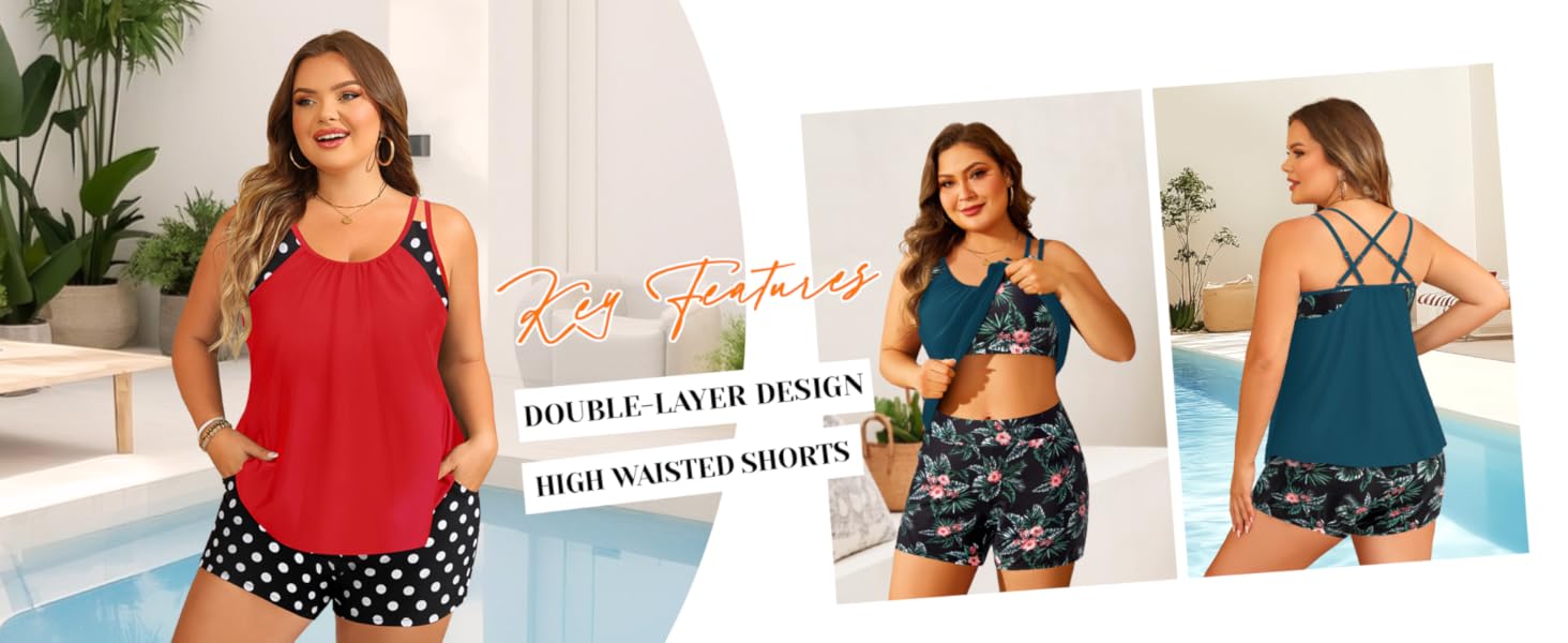 Tempt Me Women Plus Size Tankini Swimsuits - Two Piece Flowy Bathing Suits with Pocketed Boyshorts Swimwear
