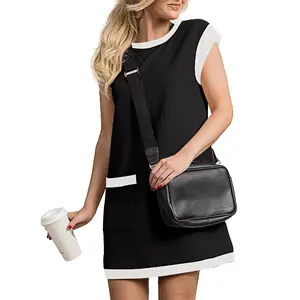 Dokotoo Women's Casual Summer Dresses Fashion Cap Sleeve Color Block Crewneck Shift Tshirt Mini Dress