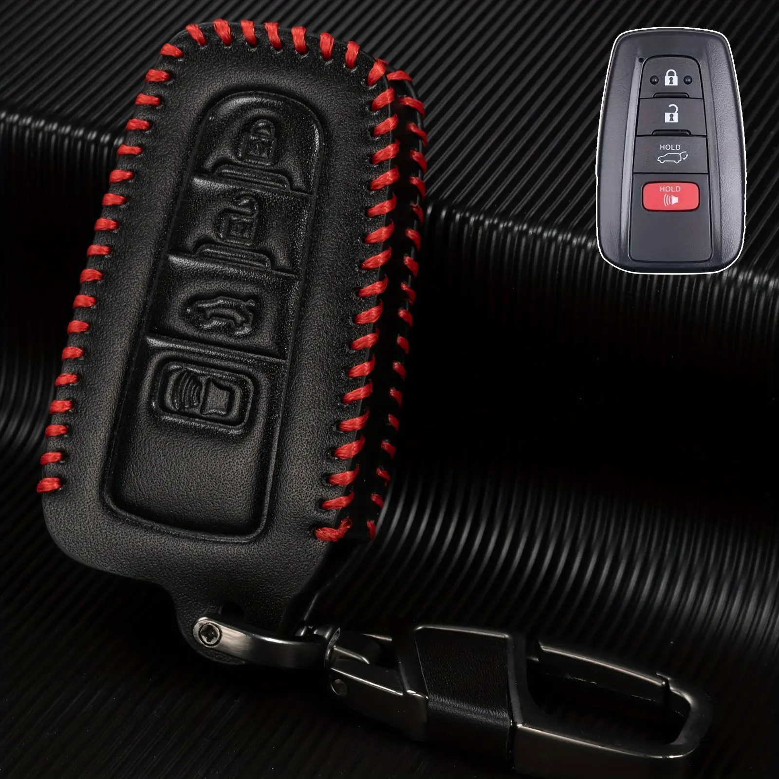 PU Leather Car Key Chain Case for Toyota Avalon Corolla Camry Highlander RAV4 Camry Hybrid, 4 Button Car Key Cover, Red Line Anti-Wear Protective Shell