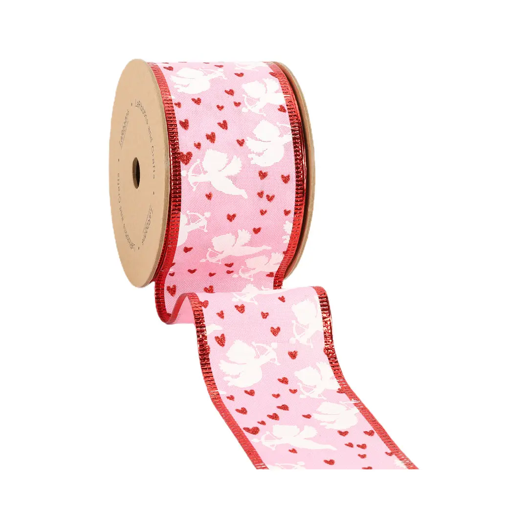2 1/2" Wired Ribbon | Pink w/ White Cupids/ Red Glitter Hearts | 10 Yard Roll Valentine’s Day decor wrapping gifts
