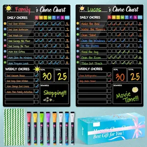 2 Pack 8"x12"  Chore Chart for 2  with 8 Markers, Black Daily Chore Chart, Chores  for Fridge,  Schedule Board for  for Multiple