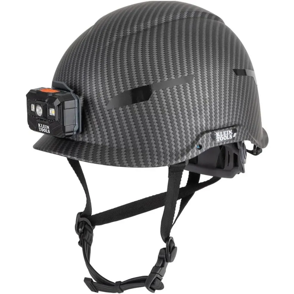 60515 Safety Helmet, Non-Vented Class E with Rechargeable Lamp and Chin Strap, Premium KARBN Pattern, Tested up to 20kV