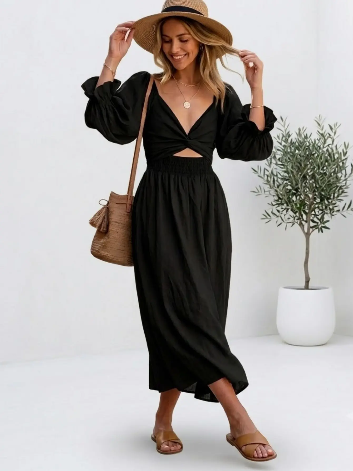 Women's Basic Plain Reversible V-Neck Mid-Length Polyester Fabric Dress with 3/4 Lantern Sleeves, Casual Wear Ready-to-Wear Gown, XL, Do Not Dry Clean