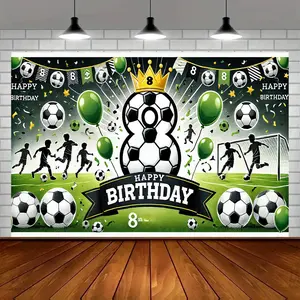[1pc Soccer Theme Birthday Banner] Multifunctional 8x6ft Soccer Theme Birthday Banner - Polyester Party Backdrop for Indoor and Outdoor Celebrations, Versatile Decor for Room, Studio, Home, and Garden Festivities - Vivid Football Design for Photobooth