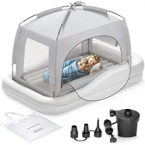 Inflatable Toddler Travel Bed with Tent, Portable Kids Air Mattress with Safety Sides, Ideal for Home, Grandma's, Camping, Traveling -Includes Fast Electric Pump