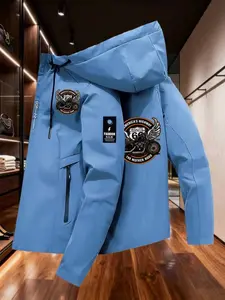 Men's Vintage Motorcycle Print Jacket, American Route66 Road Style Zipper Coat, Casual Slim-Fitting Warm Top for Spring & Fall