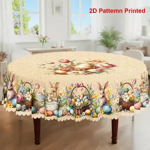 1pc, Easter Themed Party Tablecloth, Spring Summer Vintage Rabbit Colored Eggs Tulip Floral Printed Design, Rectangular/Round/Oval Table Cloth, Embossed Edge, Suitable For Indoor Outdoor Dining Picnic Dinner Dining Room Decoration