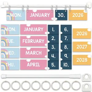 Rainbow Boho Flip Calendar Bulletin Board Set, Calendar With 53 Date Cards For Classroom, Adjustable Rod 15.7"-27.6", 8 O-rings, Mounting Hooks, Teacher & Homeschool Decor, Years 2026 - 2028