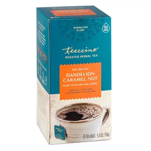 Teeccino Dandelion Caramel Nut Roasted Herbal Tea - 85% Organic, Prebiotic & Acid-Free, 25 Tea Bags, 5.3 oz, US Made