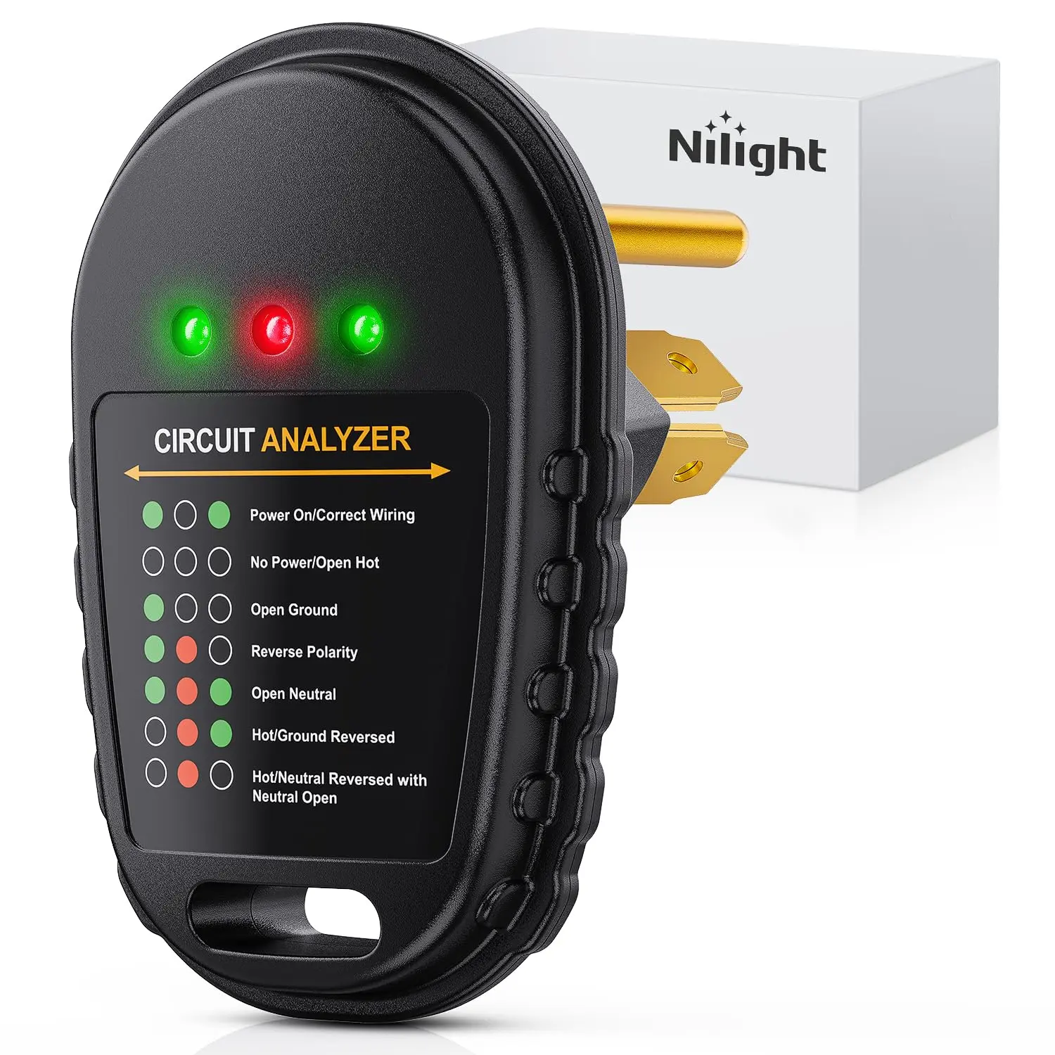 Nilight 30AMP Rated RV Circuit Tester - NEMA TT-30P 125V/3750W Analyzer Plug, LED Indicator, ABS Shell, Grip Handle, ETL Listed Surge Protector for Camper Trailers, 30 Amp Rv Circuit Tester Plug, Anti-Slip Design