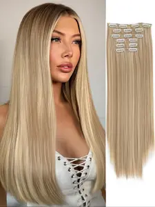 24 Inch Long Blonde Straight Clip-in Hair Extensions, Natural Fluffy Hair Extensions for Daily & Party Decoration, Synthetic Hair Extensions for Women, Synthetic Hairpiece