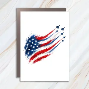 Patriotic American Flag Greeting Card, 4th of July Independence Day Card with Red White Blue Paint Stroke Flag, Stars and Fighter Jets Flyover JC23