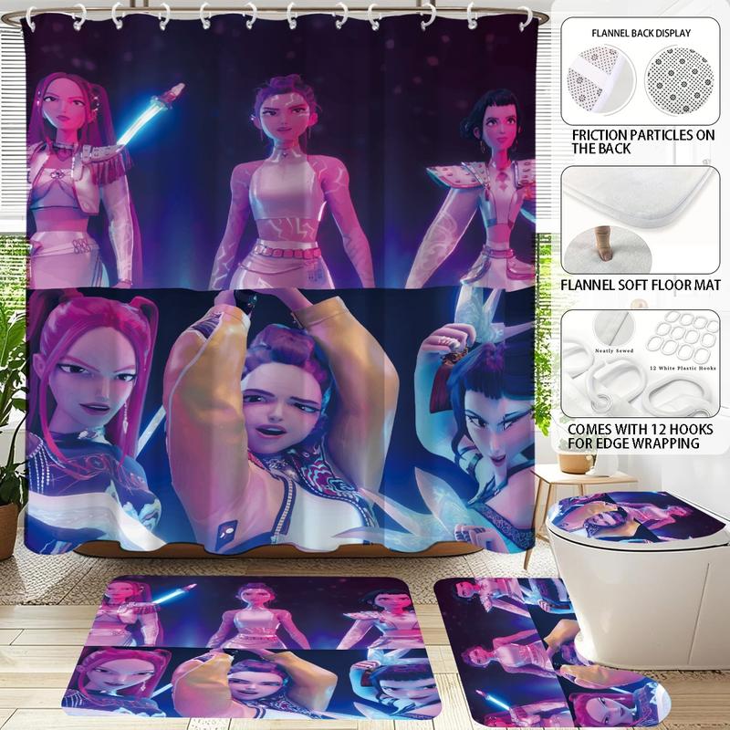 K-Pop Demon Hunters Bathroom Set, Shower Curtain with Hooks, Non-Slip Bath Rug, U-Shaped Toilet Mat, Toilet Lid Cover, Bathroom Decoration Accessories
