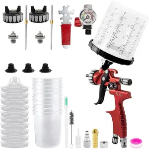 HVLP Spray Gun Premium Kit R300, 650ml Mixing Cup& 10x Disposable Cups, Paint Gun Automotive with 1.3/1.7mm Nozzles, Paint Guns for House Painting, Car, Furniture, Fence, Varnish& Top Coat