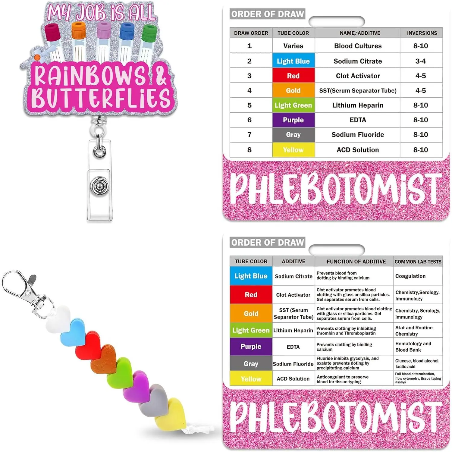 Phlebotomy Badge Reel with Buddy, Order of  Draw Reversible Reference Card with Beads Clip, Retractable Phlebotomist Essentials Nurse Accessories for Work,  Practitioner Grad Gifts
