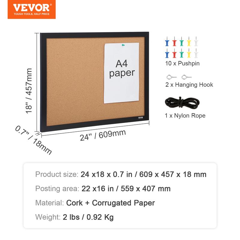VEVOR Cork Board, TikTokShopBlackFriday, 24 x 18 inches, Double-sided Bulletin Board with MDF Sticker Frame, Vision Board Includes 10 Pushpins, for Display and Decoration in Office Home and School
