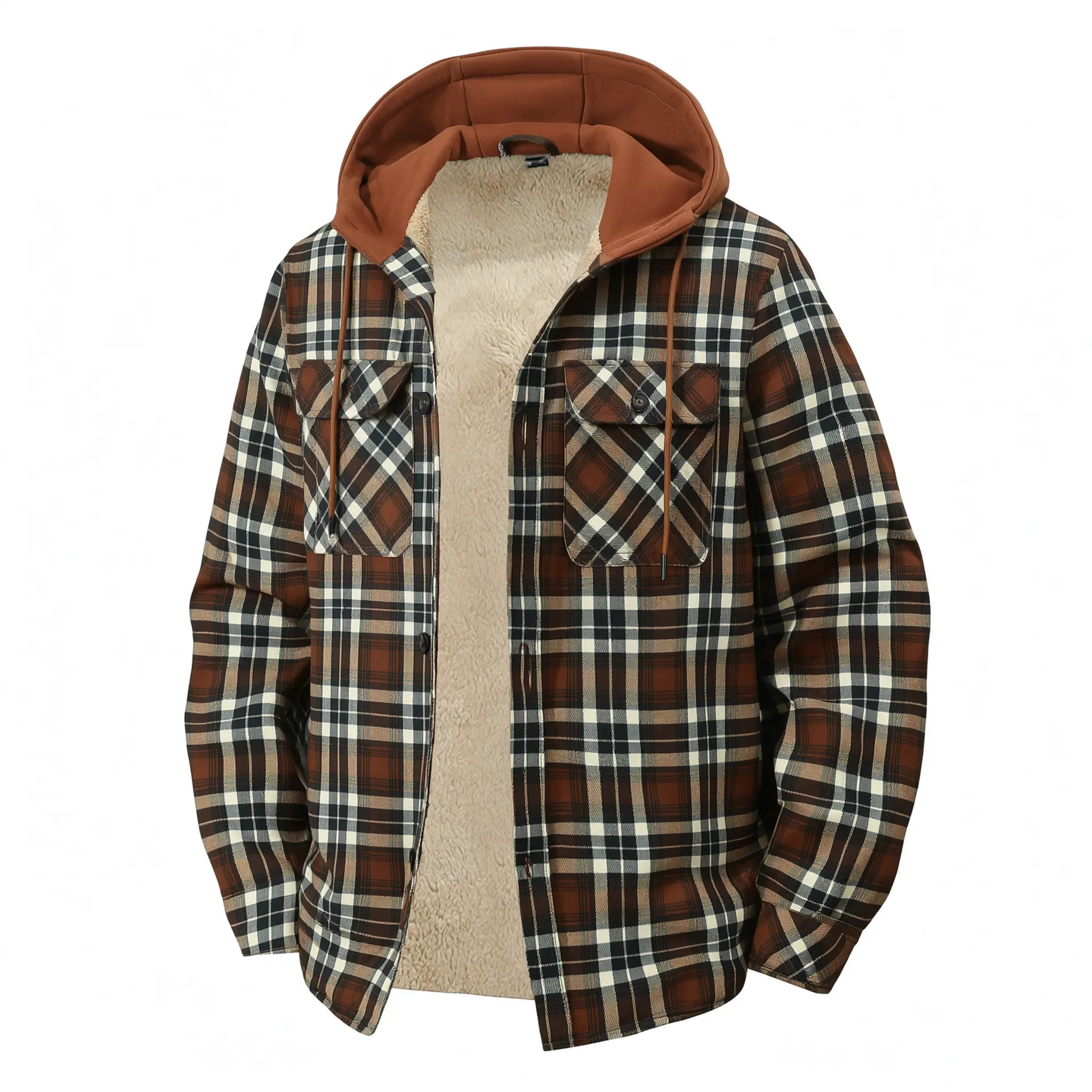 Men's Checkered Sherpa-Lined Hooded Flannel Shacket - Long-Sleeve Button-Up Top with Pockets, Drawstring for Casual Outdoor Wear Classic Fleece