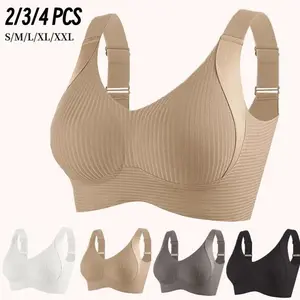 EssElegance 2/3/4PCS Ribbed Push-Up Seamless Bra Set Soft Comfortable Solid Four-breasted Adjustable Straps Wire-Free Support for Daily Wear Ultra-Soft Breathable Fabric Bralette for Women Full Coverage S/M/L/XL/XXL
