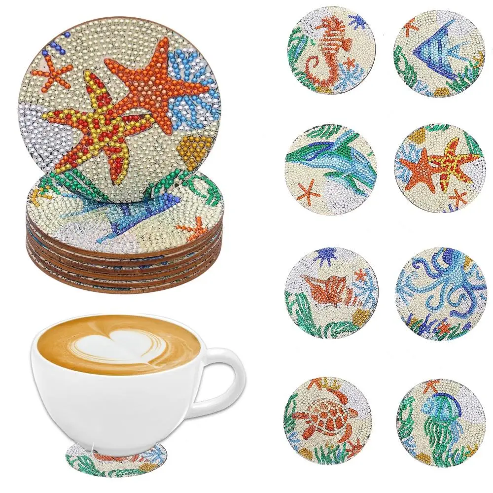 Marine Life Pattern DIY Diamond Art Painting Colorful Round Coaster Set, 8pcs/set DIY Anti-slip Wooden Coasters, Suitable for Home Kitchen Desk Decoration