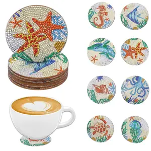 Marine Life Pattern DIY Diamond Art Painting Colorful Round Coaster Set, 8pcs/set DIY Anti-slip Wooden Coasters, Suitable for Home Kitchen Desk Decoration