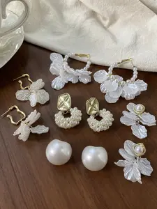 Women Boho Style Faux Pearl Shell Drop Earring Set, Elegant Floral Design for Holiday Party Wear, 5 Pairs Fashion Jewelry Accessories Statement Pieces