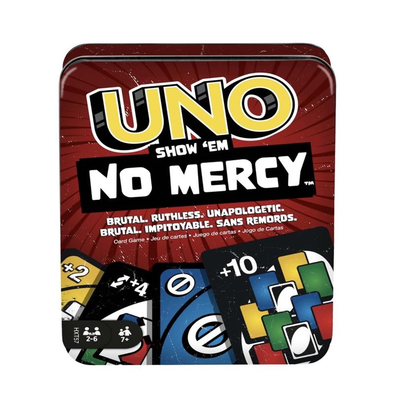 Mattel Games UNO Show ‘em No Mercy Card Game in Storage & Travel Tin for Kids, Adults & Family Night with Extra Cards, Special Rules & Tougher Penalties uno show card games card game