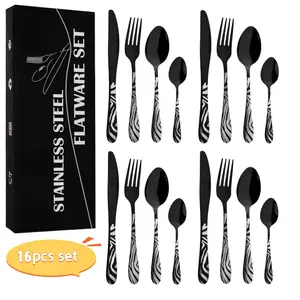 16-Piece Black Stainless Steel Modern Tableware Set Serve for 4 People, Laser Zebra Pattern, Cutlery Set, Ideal for Home Gatherings, Kitchen, Restaurant, Polished Finish