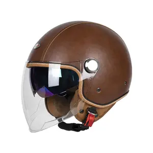 KAESE Leather Style Retro 3/4 Helmet - Dual Visor DOT Open Face for Cruiser & Scooter