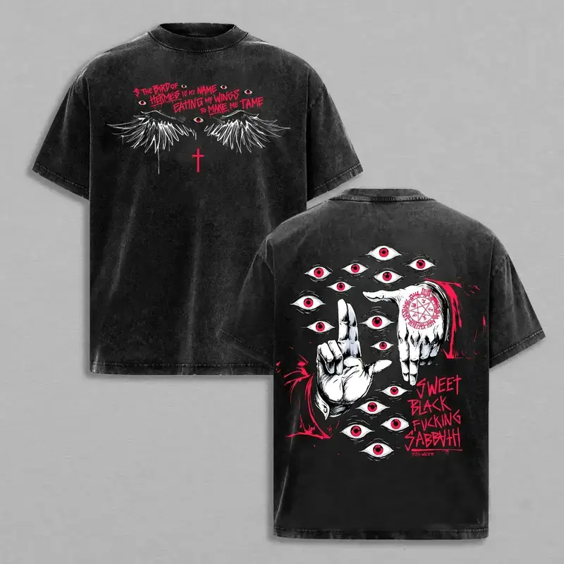 Menswear Limited Edition Hellsing Alucard Graphic Hand Signs Oversized Baggy Ribbed Seamless Short-Sleeve Double-Printed Pre-Washed Acid-Washed Soft Lightweight Cotton T-Shirt, Streetwear Gift For Anime Lovers, Free Expedited Shipping Crewneck Tshirt