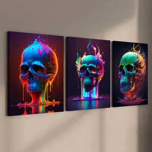 Wooden Framed Canvas, 3 Counts Scary Skull Posters, Neon Skull Decorations, Modern Art Wall Decor for Home Living Room Bedroom Office, Creative Modern Decoration, Halloween