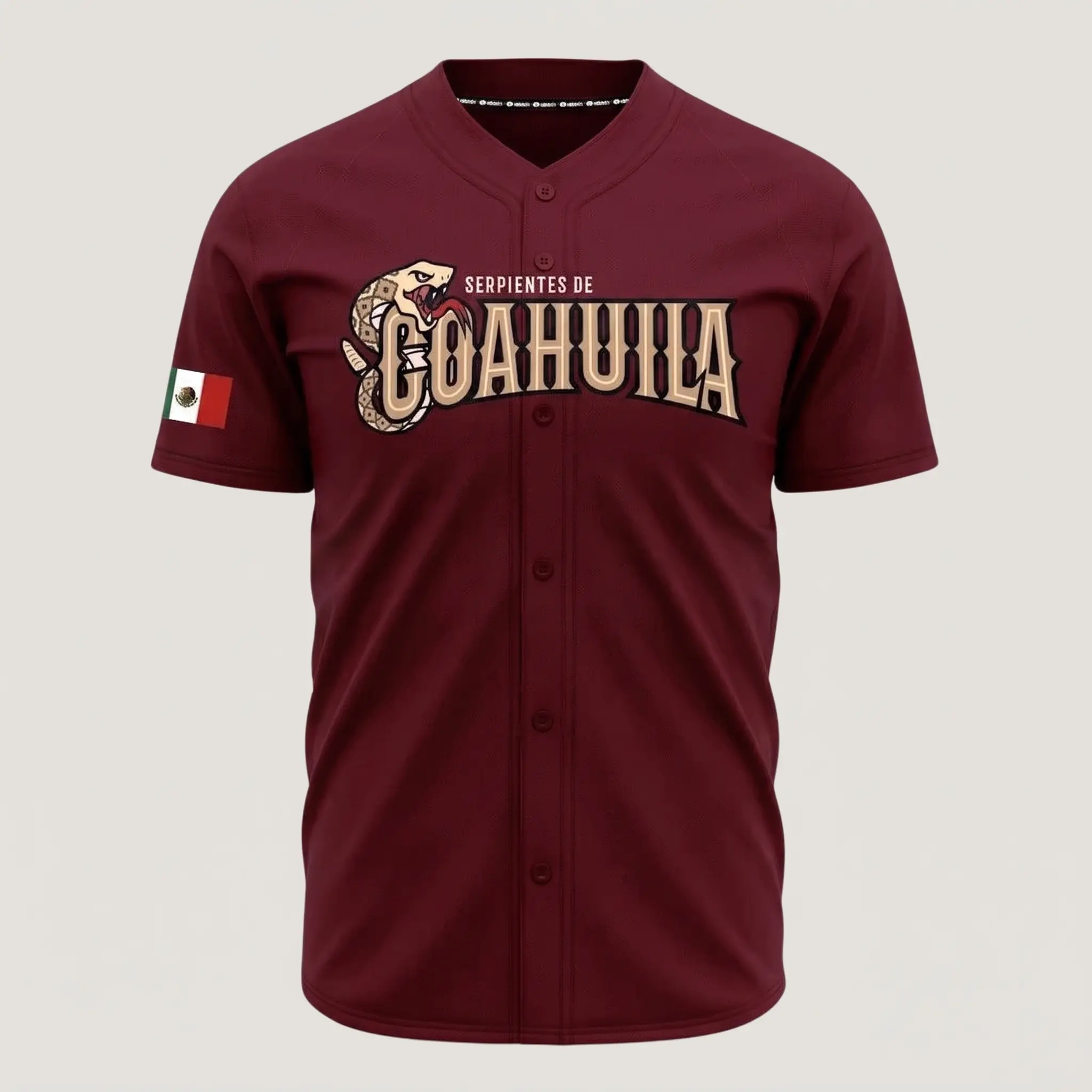 Serpientes de Coahuila Maroon Baseball Jersey – Mexico Heritage Snake Graphic Button-Up Sports Shirt, Mexican Pride Fan Apparel, Lightweight Athletic Game Day Jersey