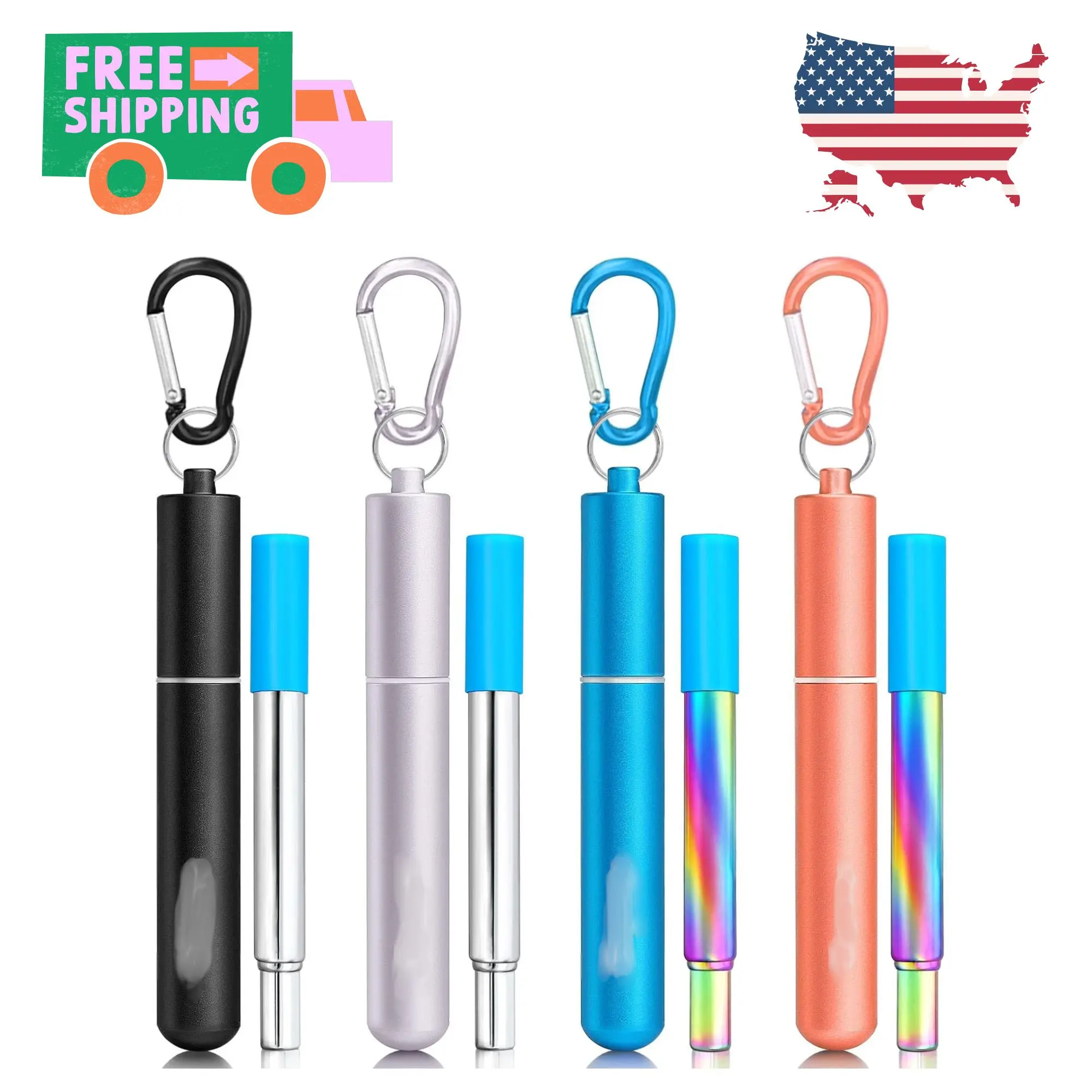 Reusable Metal Straws (4Packs), Collapsible Travel Drinking Straws
