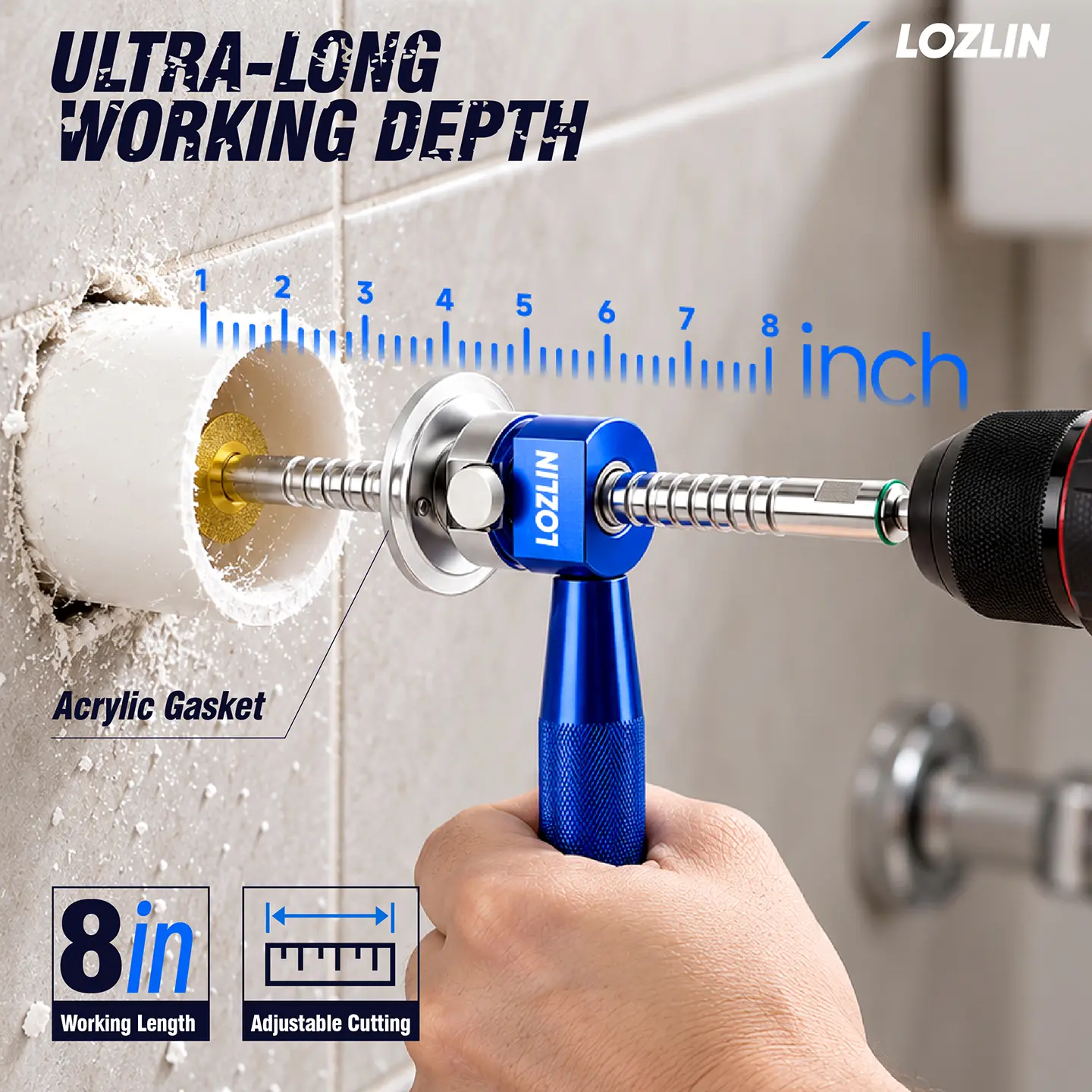 LOZLIN PVC Pipe Inside Cutting Tool - Removable Flange, Diamond Grit Wheel, Upgraded Aluminum Alloy Body, 4" Adjustable Depth, 1.5"-8" Compatibility, 1/4" Hex Shank Grip for Drills & Impact Drivers (for PVC Users), Upgraded Body,toolupgrade