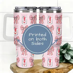 Funny Pink 40oz Tumbler, Cute Bow Tumbler, Soda Pattern Tumbler, Travel Cup, 20oz Single Silver Edge Tumbler, Christmas Gift, 40oz Stainless Steel Cup, Gift for GirlFriend