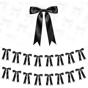 2 Strings Black Bow Garland Banner Decorations, 16Pcs Pre-Strung Satin Ribbon with 6.7ft Chain for Women Ribbon Bow Banner Coquette Room 30th Birthday Bridal Shower Wedding Bachelorette Party Decor
