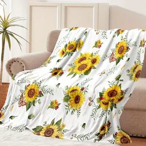 Sunflower Butterfly Flannel Throw Blanket - Super Soft 280GSM, Lightweight All-Season Plush with Vibrant Floral Print & White Back, Machine Washable for Bed, Sofa, Travel, Camping - Holiday Gift, Home Decor, Durable Polyester