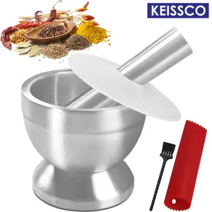 KEISSCO Stainless Steel Mortar and Pestle Set, Spices Grinder Pill Crusher with Silicone Protective Lid - Heavy Duty Mortar Pestle for Molcajete Herb Bowl, Pesto Powder, Spices Herbs Grinder