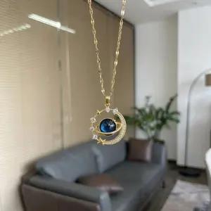 1pc Celestial Planet Necklace for Women, Gold Plated Moon and Star Gemstone Pendant Necklace, Elegant Night Sky Jewelry for Women, Summer Beach Vacation & Daily Wear Theme Accessory, Mother's Day Gift for Her summervibes