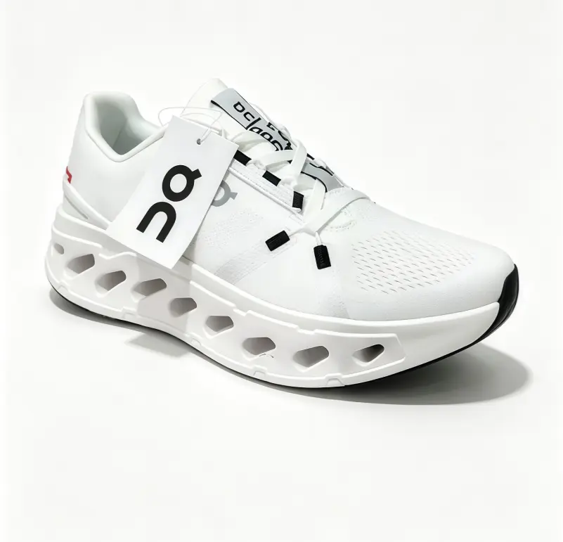 White Black Accent Hollow Thick Sole Running Sneakers, Breathable Perforated Mesh Upper, Shock Absorbing Cutout Bottom Outdoor Athletic Shoes