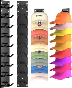 2 Pack Hat Organizer for Baseball Caps, Strong Adhesive Hat Rack for Wall, Multilayer Hat Storage Display Holder, Wall Mounted Hat Hooks Hold up to 18 Hats for Closet Door and Bedroom (Black)