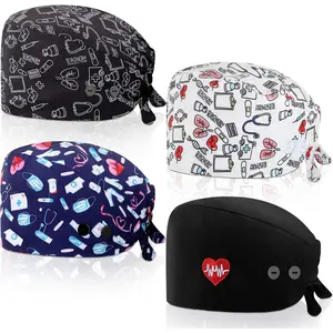 AGS Unittype 4 Pcs Nurse Caps for Women Nursing Working Caps with Button and Sweatband Adjustable Elastic Scrub Hats for Dentist
