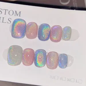 10pcs Dreamy Rainbow Holographic Cat Eye Press on Nails, Macaron Gradient Glitter, Shiny Removable Reusable Manicure for Ladies