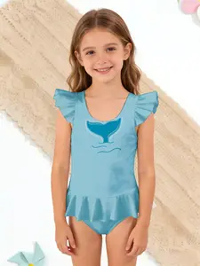 Mermaid Tail Print Kids Swimwear, Girls Slim One-Piece Design, Summer Comfortable Swimsuit
