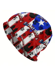BIIHUDU Puerto Rico Pride Beanie Hat for Men - Funky Knit Cap with American Flag & Puerto Rican Flag Design, Black & White, P